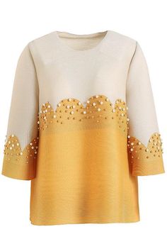 Organic Yellow Patchwork Nail Bead Shirt Top Short Sleeve Long Sleeve Blouse With Pearl Embroidery, Embellished Crew Neck Blouse For Spring, White Embellished Long Sleeve Tops, Gold Embellished Long Sleeve Blouse, Spring Long Sleeve Blouse With Pearl Embroidery, Spring Pearl Embroidery Long Sleeve Blouse, Beads Shirt, Beaded Shirt, Comfortable Room