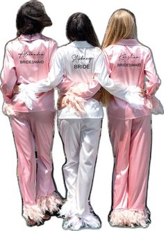 White Satin Pajama Party Sets, Pink Satin Home Sets, White Long Sleeve Satin Set, White Satin Long Sleeve Set, Long Sleeve Sets For Bridesmaids, Feather Pajamas, Bride Pajamas, Bride Pajama, Bridesmaid Pyjamas