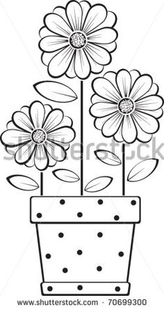 flowers in a pot with leaves and dots on the bottom, black and white drawing