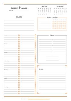 the printable weekly planner is shown in an orange and white color scheme with lines on it