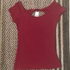 Medium Burgundy-Red Twist Back Top New With Tags Never Worn And In Perfect Condition Short Sleeve Burgundy Tops For Summer, Burgundy Short Sleeve Tops For Summer, Burgundy Casual Short Sleeve Top, Casual Burgundy Short Sleeve Top, Red Casual Scoop Neck Top, Casual Red Scoop Neck Top, Burgundy Short Sleeve Tops For Spring, Wet Seal, Burgundy Red