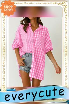 Pink Plaid Print Loose Casual Shirt with Pocket Long Sleeve Plaid Blouse For Summer, Summer Plaid Relaxed Fit Blouse, Summer Plaid Blouse With Relaxed Fit, Long Sleeve Pink Shirt For The Beach, Pink Long Sleeve Beach Shirt, Plaid Short Sleeve Beach Top, Summer Plaid Blouse For Daywear, Summer Plaid Shirt For A Day Out, Summer Plaid Button-up Blouse