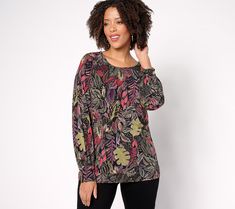 Add some variety to your look with this lovely top, complete with blouson sleeves and an alluring pattern. From Susan Graver. Casual Multicolor Tops With Blouson Sleeves, Casual Viscose Top For Fall, Multicolor Blouson Sleeves Top For Fall, Casual Viscose Tops With Blouson Sleeves, Multicolor Long Sleeve Tops With Blouson Sleeves, Casual Multicolor Viscose Tops, Viscose Tops With Blouson Long Sleeves, Multicolor Long Sleeve Viscose Tops, Bracelet Sleeve