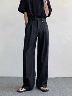 Men Casual Solid Straight Fit Suit Pants Black    Woven Fabric Plain  Non-Stretch  Men Clothing, size features are:Bust: ,Length: ,Sleeve Length: High Waist Mens Pants, High Waist Pants Men, Mens High Waisted Pants, Mens High Waisted Pleated Pants, Pleated Wide Pants Men, Baggy Black Full-length Dress Pants, High Waist Dress Pants, Black Pleated Straight-leg Pants, Mens Single Pleat Pants