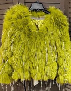 Real fox fur jacket with sequins tassels and back ground on size fits small to x-large Green Faux Fur Coat For Fall, Green Fur Coat With Faux Fur Trim For Fall, Spring Party Fur Coat With Faux Fur Trim, Glamorous Fur Coat For Fall Party, Green Faux Fur Trim Coat For Fall, Party Outerwear With Tassels, Glamorous Fall Party Fur Coat, Green Faux Fur Coat With Faux Fur Trim, Glamorous Long Sleeve Fur Coat For Party