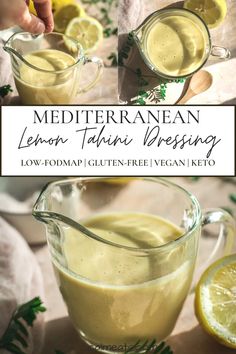 lemon tahini dressing in a glass pitcher and on a cutting board with sliced lemons