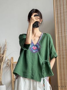 Lasaky - Exquisite Embroidered Half-Sleeve Shirt with Asymmetric Collar and Tie Front Belt Blouse, Half Sleeve Shirts, Half Sleeve Blouse, Belted Cardigan, Cardigan Outfits, Embroidered Shorts, Style Cardigan, Collar Blouse, Embroidered Shirt