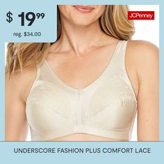 This Underscore bra features a wire-free design with just the right amount of support.Durable Fabric And Seamed Cups Provide Exceptional SupportUnderbust Band Provides A Comfortable, Snug Fit Preventing Ride UpBra Type: Wireless, Unlined, Full CoverageFeatures: Adjustable Straps, Stretch Fabric, Lace TrimClosure Type: Back Closure, Hook & EyeSupport: High SupportFiber Content: 87% Nylon, 13% SpandexFabric Description: MicrofiberCup Fiber Content: 100% NylonLining Material: NylonCare: Machine Wa… Full Coverage Bra, Full Figured, Snug Fit, Lace Trim, Stretch Fabric, Adjustable Straps, Free Design, Trim, Bra