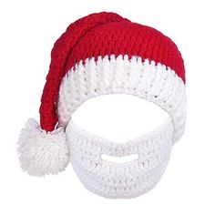 a red and white knitted santa hat with pom - pom