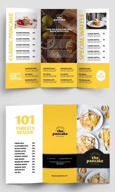 a yellow and black restaurant brochure with food items on the front, side and back