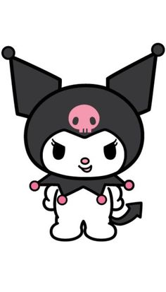 a cartoon character with black and white hair, wearing a pink skull on her head