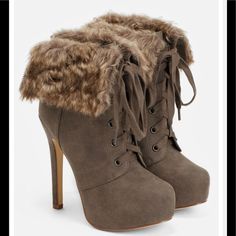 Nib Just Fab Taupe Faux Suede & Faux Fur Heeled Lace-Up Booties Size 8. Heel Height Approximately 5.25 Inches, Platform Height Approximately 2 Inches. Fit Tts To A 1/4 Size Too Small. Available Only In Size 8, Sold Brand New. Dear Poshers, Love This Style?.. I’d Appreciate It If You Could Take A Minute To Check Out The Rest Of My Closet: - Come Browse More Than 1000 Available Fashion And Beauty Items With New Ones Arriving Daily. - If You’re Purchasing 3+ Items, Poshmark Will Automatically Apply Brown High Heel Boots, Faux Fur Heels, Lace Up Heel Boots, Brown Heeled Boots, Fur Heels, Heels Brown, Lace Up High Heels, Lace Up Booties, Beautiful Boots