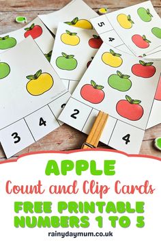 printable apple count and clip cards for numbers 1 to 5 with the title overlay