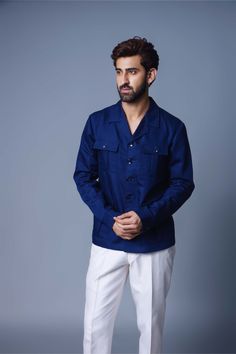 Editor's Note Introducing a navy blue solid shacket, a versatile and timeless wardrobe staple. This shacket combines the structure of a shirt with the functionality of a jacket, making it perfect for layering or wearing on its own. The deep navy blue color adds a touch of sophistication and versatility, allowing for easy coordination with a variety of outfits. Crafted from high-quality materials, this navy blue solid shacket offers both comfort and style, making it a must-have piece for any fash Blue Shirt Combination, Blue Shacket, Jacket Making, Personal Shopping Service, Vacuum Storage, Deep Navy Blue, Indian Wedding Wear, Timeless Wardrobe Staples, Linen Color