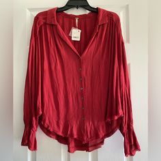 Flowy, Boho Blouse In Deep “Blended Berry” Red. Soft, Lightweight Material. Perfect For Multi-Season Use! Casual Long Sleeve Rayon Tops, Red Rayon Tops For Fall, Fall Flowy Red Blouse, Fall Red Rayon Blouse, Red Long Sleeve Bohemian Blouse, Red Long Sleeve Folk Peasant Top, Red Flowy V-neck Blouse, Bohemian Red Button-up Top, Victorian Blouse