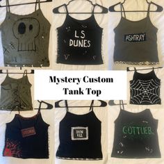 Customizable or a mystery tank top based on your favorite band! I can also do mystery non-band tank tops if specified! All tank tops are handmade and one of a kind! This also means that sizes may vary a little bit when a corset is added in the back or the tank top is cut and safety pinned together. There will likely be small flaws. Please mention any specifications in the personalization (If you like one of the features shown in the examples above, you can include it or any other preferences) Fitted Gothic Tank Top For Streetwear, Gothic Tank Top For Summer Concerts, Gothic Sleeveless Top For Concerts, Edgy Sleeveless Tops For Halloween, Fitted Alternative Vest Top, Fitted Alternative Style Vest Top, Gothic Tank Top For Halloween Concert, Gothic Halloween Tank Top For Concerts, Fitted Punk Tops For Music Festival