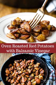 the cover of oven roasted red potatoes with balsamic vinegar is shown on a plate