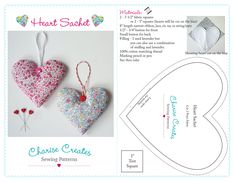 two heart shaped ornaments are shown with instructions to make them