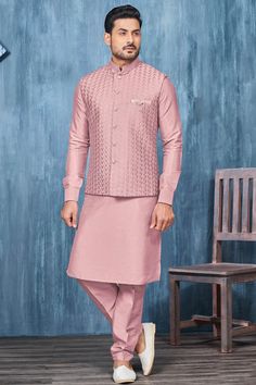 Pink Color Banarasi Silk Fabric Readymade Embroidery Work Men Kurta Py Kurta Pyjama With Jacket, Pajama Men, Kurta Pajama Men, Pink Kurta, Gown With Dupatta, Kurta Men, Men Kurta, Kurta Pyjama, Kurta Pajama