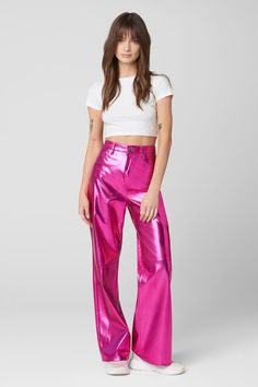 Franklin Vegan Leather Pant With Knee Seam[55% Polyurethane, 45% Polyester] Chic Pink Leather Pants For Party, Sleek Metallic Bottoms For Night Out, Sleek Shiny Bottoms For Night Out, Shiny Pants For Workwear, Sleek Shiny Leather Pants For Fall, Fitted Faux Leather Bottoms In Modern Style, Chic Shiny Leather Pants For Night Out, Fall Shiny Straight Leg Bottoms, Modern Faux Leather Bottoms For Spring