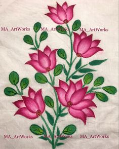 pink flowers on white linen with green leaves and words that read ma art works, ma arts & crafts