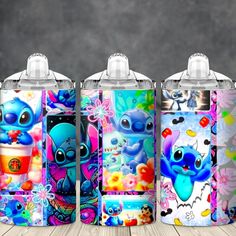 thermos are designed to look like cartoon characters and have different designs on them