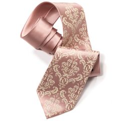 Buff pink damask men's necktie. Ivory-cream print on "peach." Silkscreened men's tie. Microfiber. Pe Elegant Pink Standard Tie, Pink Standard Tie For Groom, Pink Standard Tie Suit Accessories For Groom, Classic Pink Suit And Tie Accessories For Wedding, Elegant Pink Ties For Black Tie Occasions, Elegant Pink Standard Tie And Accessories, Elegant Pink Standard Tie Suit Accessories, Wedding Ties With Satin Finish, Classic Pink Suit And Tie Accessories For Groom