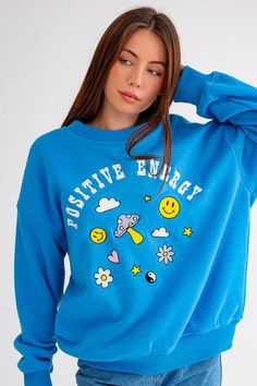 Blue embroidered oversized cozy sweatshirt. Embroidered Long Sleeve Trendy Hoodie, Trendy Long Sleeve Embroidered Hoodie, Casual Embroidered Long Sleeve Tops, Trendy Blue Drop Shoulder Tops, Oversized Embroidered Casual Hoodie, Sporty Embroidered Tops With Relaxed Fit, Spring Fleece Tops With Cozy Fit, Cozy Sweatshirt For Spring Leisure, Cozy Fit Fleece Tops For Spring