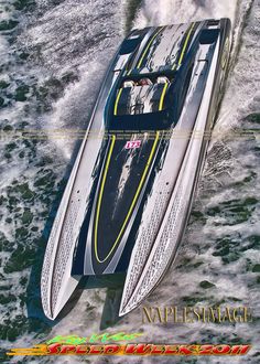 an aerial view of a speedboat in the water with its wake board on it's side