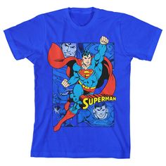 a blue superman t - shirt with an image of the character in front of it