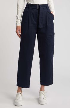 Sleek hardware elevates cropped cotton-forward pants boasting deep pockets for utilitarian flair. 26" inseam Zip fly with button closure Front slant pockets; back button-patch pocket Belt is sewn in 98% cotton, 2% polyester Machine wash, line dry Made in Turkey Cotton Cargo Jeans With Pockets For Workwear, Relaxed Fit Cargo Pants For Work With Belt Loops, Cotton Workwear Cargo Jeans, Utility High Waist Work Pants, Cotton Bottoms With Flap Pockets For Fall, Fall Cotton Bottoms With Flap Pockets, Utility Style Cropped Leg Pants With Pockets, Utility Cargo Pants For Spring Workwear, Spring Utility Cargo Pants For Workwear