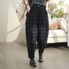 Details: Gender: Women Item Type: Pants Material: Cotton, Corduroy Season: Spring, Autumn Pattern: Plaid Style: Casual, Loose, Retro Waist Type: Elastic Waist Size: One Size Waist: 62.00 - 106.00 cm/ 24.41 - 41.73 " Length: 92.00 cm/ 36.22 " Hip: 130.00 cm/ 51.18 " Bottom: 40.00 cm/ 15.75 " Autumn Pattern, Autumn Casual, Plaid Fashion, Corduroy Pants, Casual Fall, Shoe Box, Waist Size, Season Spring, Style Casual