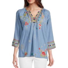 From Tru Luxe Jeans, This Tunic Features: Split Round Neckline 3/4 Raglan Sleeves With Slits At Cuff Hem Floral Embroidery Straight High-Low Hemline With Side Slits Pullover Construction Approx. 27.75" Front; 28.5" Back Length Lyocel Machine Wash Cold/Tumble Dry Has Jonny Was Vibes Pit-Pit:24" Length:Front-28',Back:30" Spring Floral Embroidered Half Sleeve Top, Spring Floral Embroidered Top With 3/4 Sleeve, Bohemian Tops With 3/4 Sleeve And Floral Embroidery, Floral Embroidered Top With 3/4 Sleeves For Spring, Spring Blouse With Floral Embroidery And 3/4 Sleeves, Blue 3/4 Sleeve Tops With Floral Embroidery, Blue Embroidered Top With 3/4 Sleeves, Bohemian Light Blue Blouse With Floral Embroidery, Cotton Embroidered Top With 3/4 Sleeves