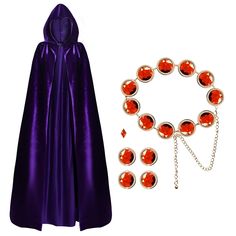 a purple cape, necklace and bracelet with red balls on it next to a chain