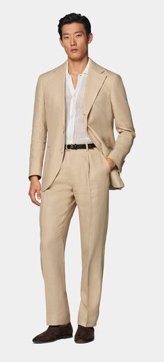 Sand Roma Suit in Pure Linen | SUITSUPPLY US Timeless Beige Suits For Spring, Luxury Beige Suits For Spring, Elegant Beige Linen Sets, Linen Suit Men, Italian Suit, Wedding Week, Suit Men, Linen Suit, 3 Piece Suits