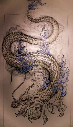 a drawing of a dragon with blue flames on it