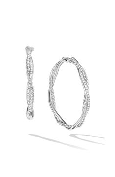 Sterling silver. Pavé diamonds, 0.23 total carat weight. Earrings, 42 x 4mm. Imported. >Diamond Guide Silver Platinum Hoop Earrings With Pave Setting, Timeless Silver Diamond-cut Hoop Earrings, Timeless Silver Diamond Cut Hoop Earrings, Timeless Silver Hoop Earrings With Diamond Accents, Elegant Silver Hoop Earrings With Single Cut Diamonds, Elegant Platinum Hoop Earrings With Single Cut Diamonds, Infinity Hoop, Diamond Guide, David Yurman