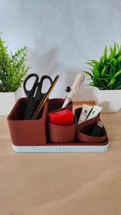 a desk organizer with scissors, pens and other office supplies