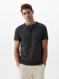 Everyday Soft Henley T-Shirt | Gap Factory Relaxed Fit Button T-shirt For Everyday, Henley Neckline T-shirt With Button Closure And Relaxed Fit, Cotton V-neck T-shirt With Button Closure, Classic Everyday Top With Henley Neckline, Relaxed Fit Crew Neck Henley With Buttons, Relaxed Fit Short Sleeve Henley With Buttons, Relaxed Fit Henley With Buttons And Crew Neck, Casual Jersey Shirt With Crew Neck, Casual Crew Neck Jersey Shirt