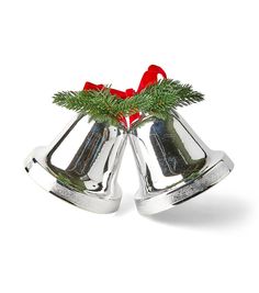 two silver bells with a red bow on the top and one bell has a green branch