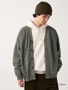 Lambswool Cardigan | UNIQLO US Basic Oversized Winter Outerwear, Oversized Basic Winter Outerwear, Relaxed Fit Soft Knit Outerwear For Everyday, Classic Green Cotton Cardigan, Everyday Relaxed Fit Soft Knit Outerwear, Oversized Crew Neck Casual Cardigan, Casual Green Cardigan With Ribbed Cuffs, Winter Relaxed Fit Cardigan, Winter Relaxed Fit Everyday Cardigan