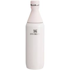 a white stainless steel water bottle with the word stanley on it's side