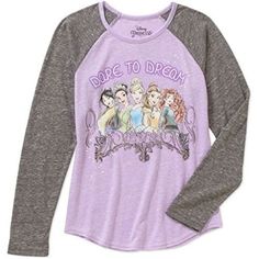 a purple and grey shirt with disney characters on the front that says, dare to dream