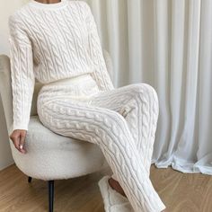 Knit Sweater And Pants Set Chic White Winter Pants, Winter White Straight Pants, White Straight Pants For Winter, White Ankle-length Winter Bottoms, Cozy White Bottoms For Fall, White Knit Bottoms For Fall, White Stretch Knit Pants, Cozy Knit Pants For Winter, White Knit Wide Leg Pants