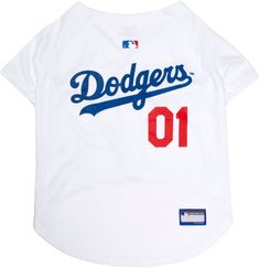 the dodgers dog jersey is white with blue and red lettering on it's chest