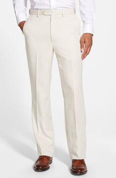 A clean flat-front cut styles sharp trousers fashioned from durable synthetics and fitted with a self-sizer waistband to ensure a custom fit. Style Name:Berle Self Sizer Waist Flat Front Classic Fit Trousers. Style Number: 1140773. Available in stores. White Trousers, Trouser Style, Fitted Trousers, Mens Trousers, Mens Street Style, Cut And Style, Bottoms Pants, Custom Fit, Khaki Pants