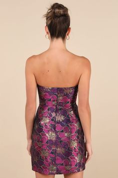 Feel like royalty all night long with an exquisite look like the Lulus High-Class Attitude Black Floral Jacquard Strapless Mini Dress! A stunning gold and magenta floral brocade sweeps across this woven jacquard dress that has a subtle sweetheart neckline (with hidden no-slip strips) and a strapless, bustier-style bodice with supportive boning. High, fitted bodice sits atop a figure-skimming bodycon skirt with a flirty mini hem. Hidden back zipper/clasp. Fit: This garment fits true to size. Leng Gold And Magenta, Strapless Bustier, Brocade Dresses, Adhesive Bra, Bodycon Skirt, Floral Jacquard, Jacquard Dress, Strapless Mini Dress, Body Con Skirt