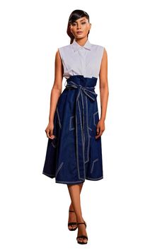 Blue midi dress with a denim skirt and belt and a white shirt bodice. - Aza Fashions Midi Dress For Women, Necklines For Dresses, Denim Flares, Blue Midi Dress, Colored Denim, Womens Midi Dresses, Dress For Women, Aza Fashion, White Shirt