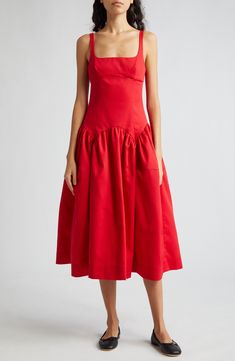 Sandy Liang Cricket Cutout Pleated Midi Dress | Nordstrom Sandy Liang, Viscose Dress, Cotton Midi Dress, Pleated Midi Dress, Red Midi Dress, Designer Clothes For Men, Blue Midi Dress, Knee Length Dresses, Comfortable Dress