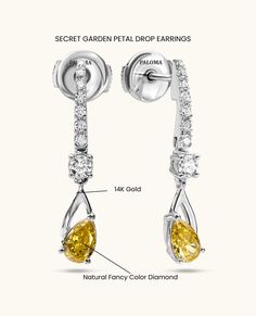 Elegant and timeless, these single-drop earrings feature two fancy yellow diamonds gracefully hanging from a gold bar adorned with pave diamonds. They effortlessly elevate an everyday style or add a touch of glamour to any special occasion. Yellow Diamond Earrings With Diamond Accents, Luxury Yellow Diamond Drop Earrings, Yellow Diamond Drop Earrings Fine Jewelry, Elegant Yellow Diamond Earrings, Elegant Yellow Diamond Earrings With Accents, Elegant Yellow Cubic Zirconia Earrings, Elegant Yellow Diamond Earrings With Diamond Accents, Elegant Yellow Diamond Earrings For Formal Occasions, Elegant Yellow Cubic Zirconia Diamond Earrings